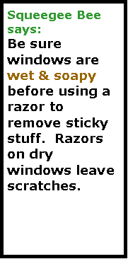 Text Box: Squeegee Beesays:Be sure windows are wet & soapy before using a razor to remove sticky stuff.  Razors on dry windows leave scratches.