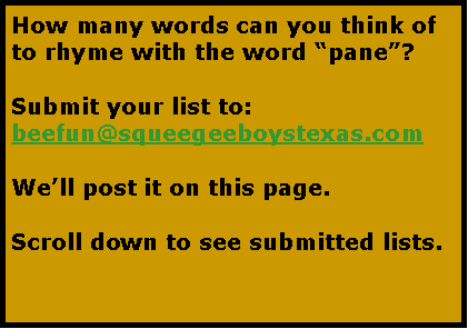 Text Box: How many words can you think of to rhyme with the word pane?Submit your list to: beefun@squeegeeboystexas.comWell post it on this page.Scroll down to see submitted lists.